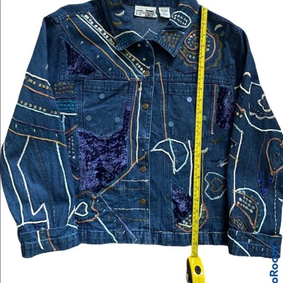 Boho Denim Trucker Jacket Womens XL Embellished Pockets Blue Jean Artsy Festival - Picture 10 of 11